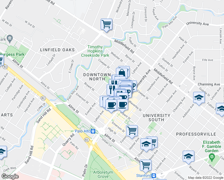 map of restaurants, bars, coffee shops, grocery stores, and more near 330 Waverley Street in Palo Alto