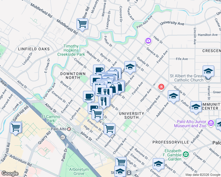 map of restaurants, bars, coffee shops, grocery stores, and more near 498 University Avenue in Palo Alto