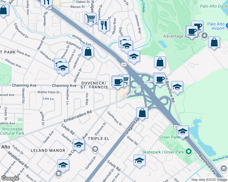 map of restaurants, bars, coffee shops, grocery stores, and more near 2020 Channing Avenue in Palo Alto
