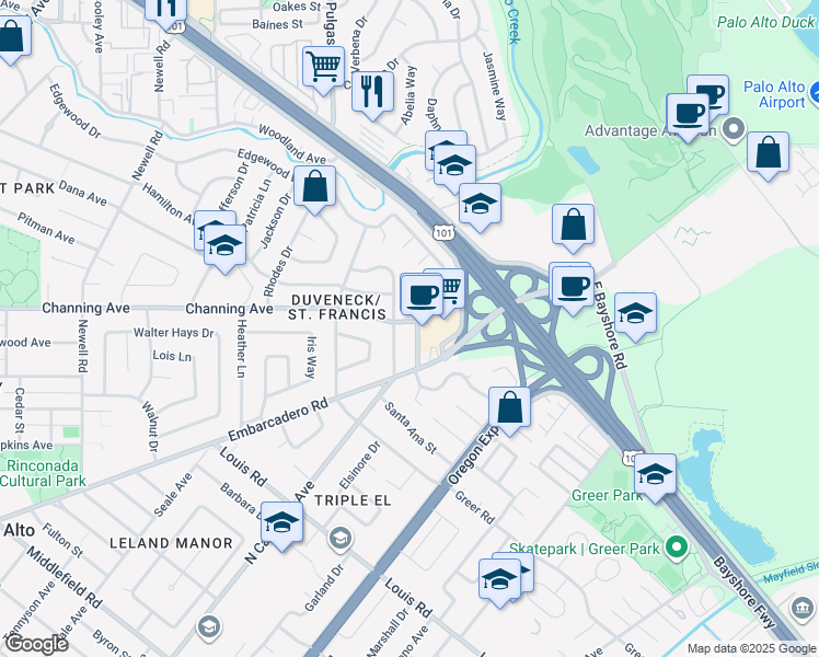 map of restaurants, bars, coffee shops, grocery stores, and more near 2020 Channing Avenue in Palo Alto