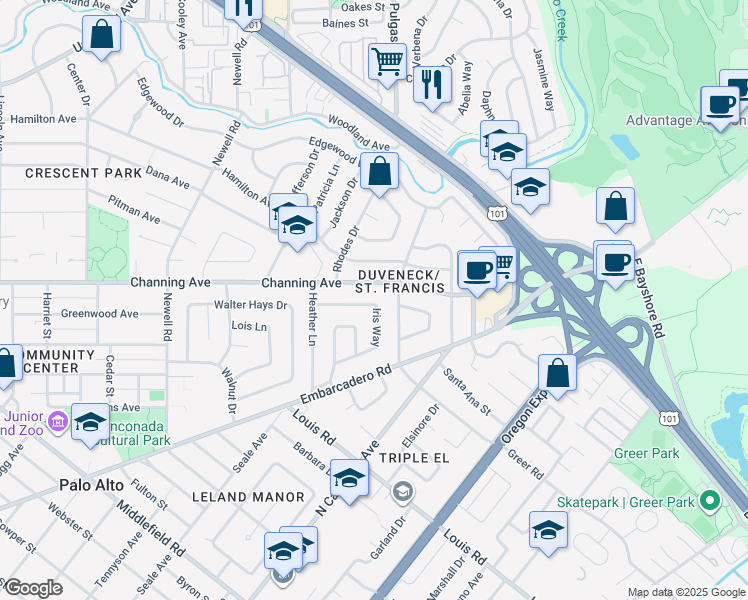 map of restaurants, bars, coffee shops, grocery stores, and more near 157 Primrose Way in Palo Alto