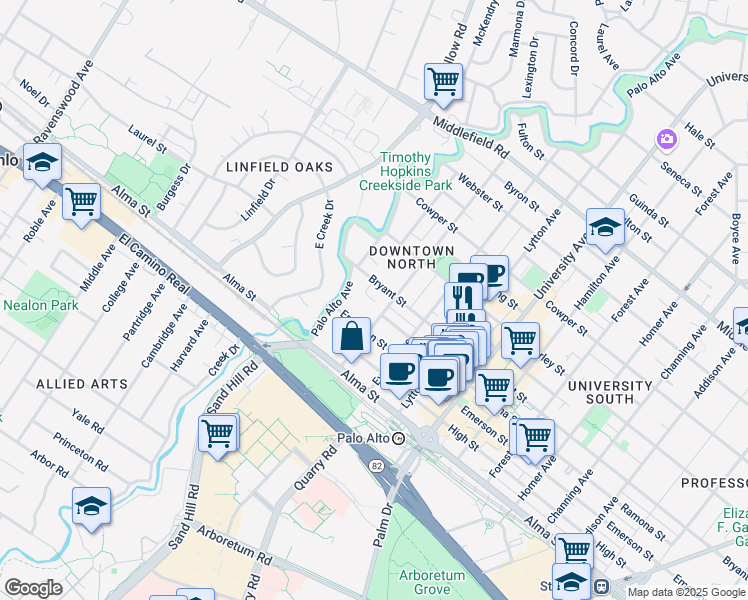 map of restaurants, bars, coffee shops, grocery stores, and more near 246 Hawthorne Avenue in Palo Alto