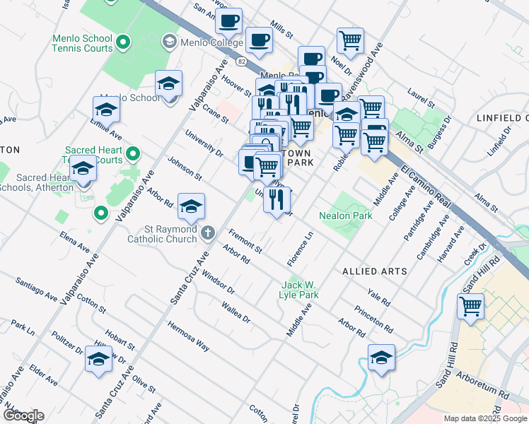 map of restaurants, bars, coffee shops, grocery stores, and more near 960 Oak Lane in Menlo Park
