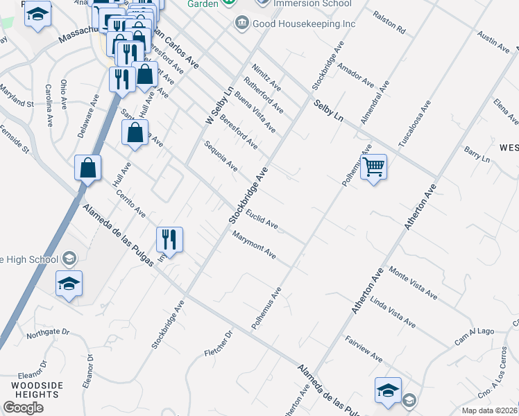 map of restaurants, bars, coffee shops, grocery stores, and more near 52 Euclid Avenue in Atherton