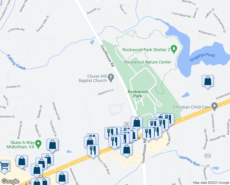 map of restaurants, bars, coffee shops, grocery stores, and more near 3210 Old Courthouse Road in Richmond