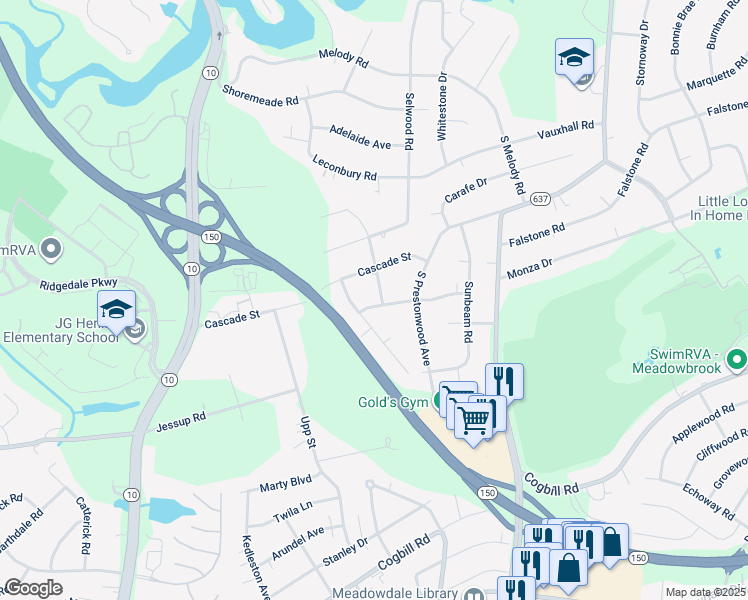 map of restaurants, bars, coffee shops, grocery stores, and more near 5224 Sprucewood Avenue in Richmond