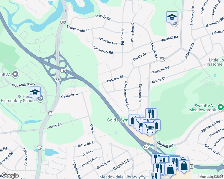 map of restaurants, bars, coffee shops, grocery stores, and more near 5224 Sprucewood Avenue in Richmond