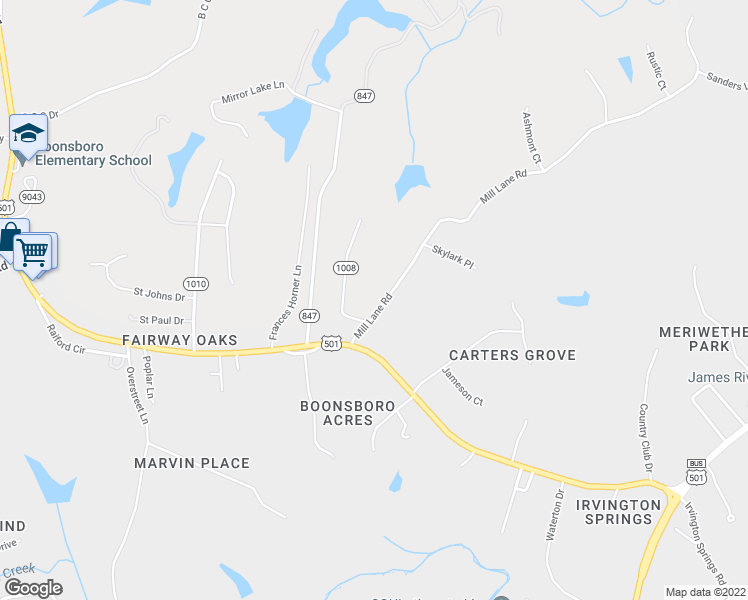 map of restaurants, bars, coffee shops, grocery stores, and more near 105 Millwoods West Road in Lynchburg