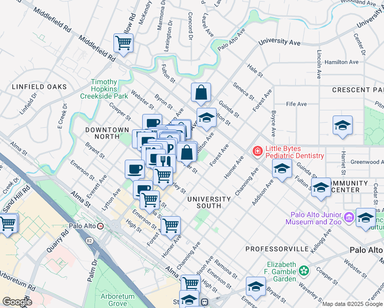 map of restaurants, bars, coffee shops, grocery stores, and more near 605 Hamilton Avenue in Menlo Park