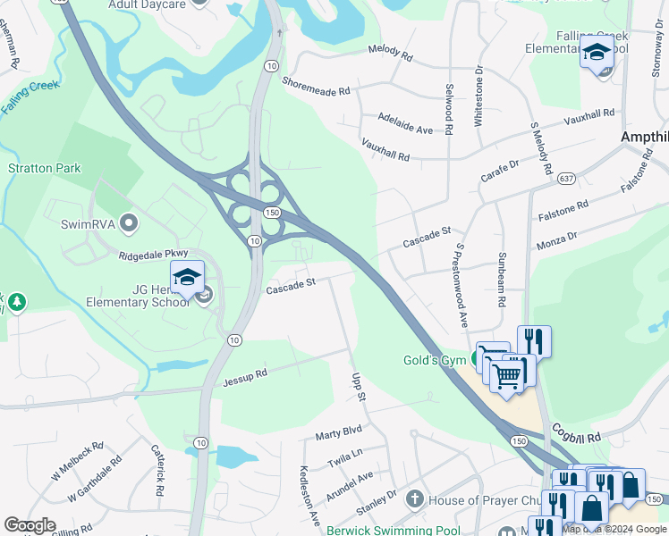 map of restaurants, bars, coffee shops, grocery stores, and more near 4748 Cascade Street in Richmond