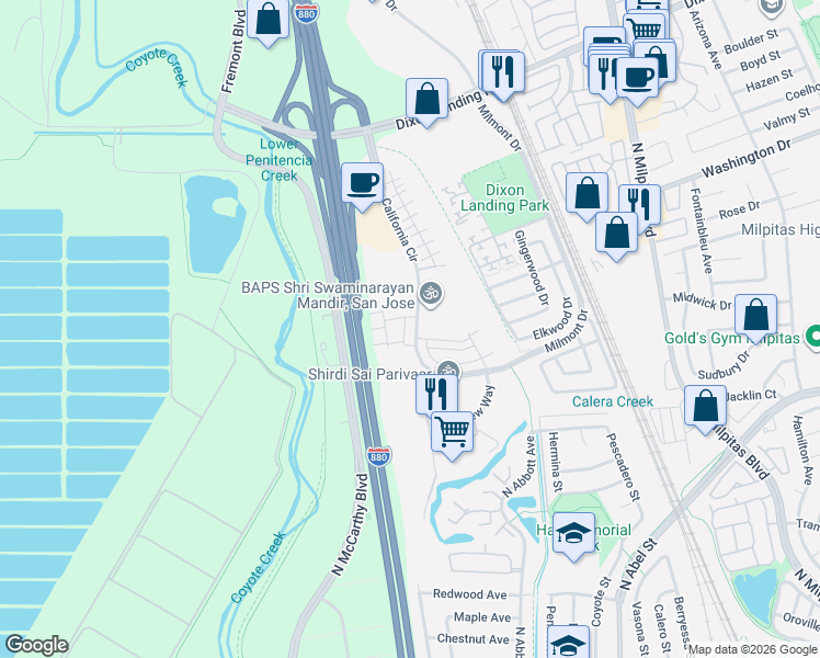 map of restaurants, bars, coffee shops, grocery stores, and more near 1355 California Cir in Milpitas