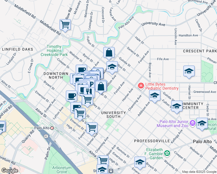 map of restaurants, bars, coffee shops, grocery stores, and more near 550 Hamilton Avenue in Palo Alto