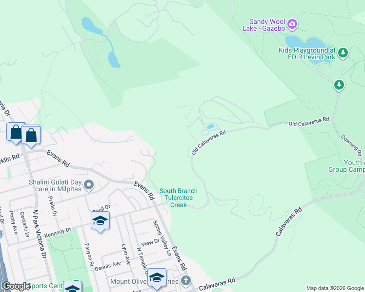 map of restaurants, bars, coffee shops, grocery stores, and more near 2375 Old Calaveras Road in Milpitas