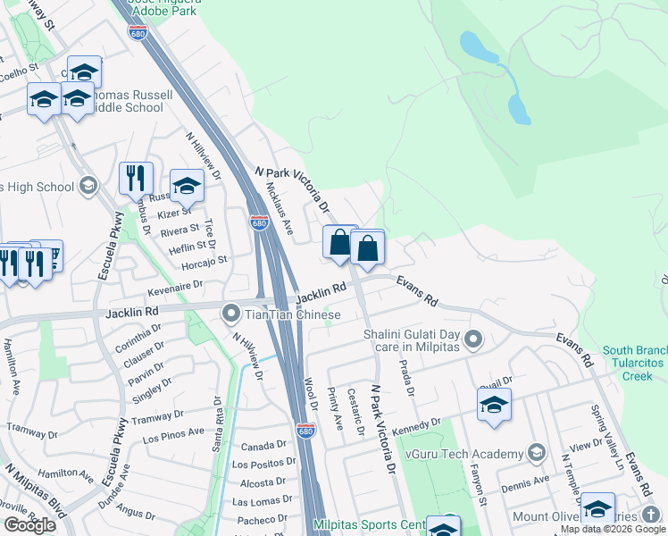 map of restaurants, bars, coffee shops, grocery stores, and more near 1181 Fox Hollow Court in Milpitas