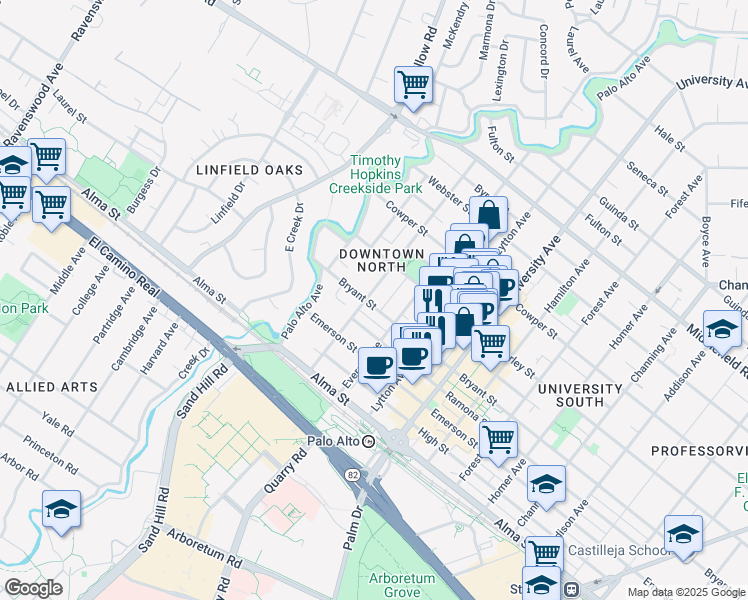 map of restaurants, bars, coffee shops, grocery stores, and more near 356 Hawthorne Avenue in Palo Alto