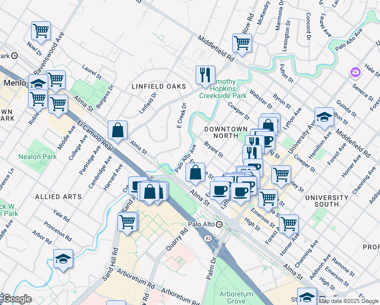 map of restaurants, bars, coffee shops, grocery stores, and more near 260 Palo Alto Avenue in Palo Alto