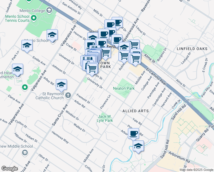 map of restaurants, bars, coffee shops, grocery stores, and more near 844 Roble Avenue in Menlo Park