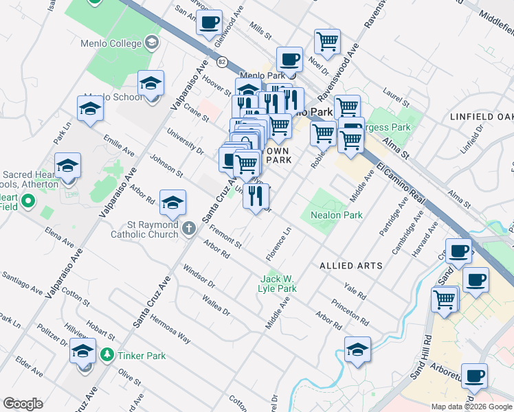 map of restaurants, bars, coffee shops, grocery stores, and more near in Menlo Park