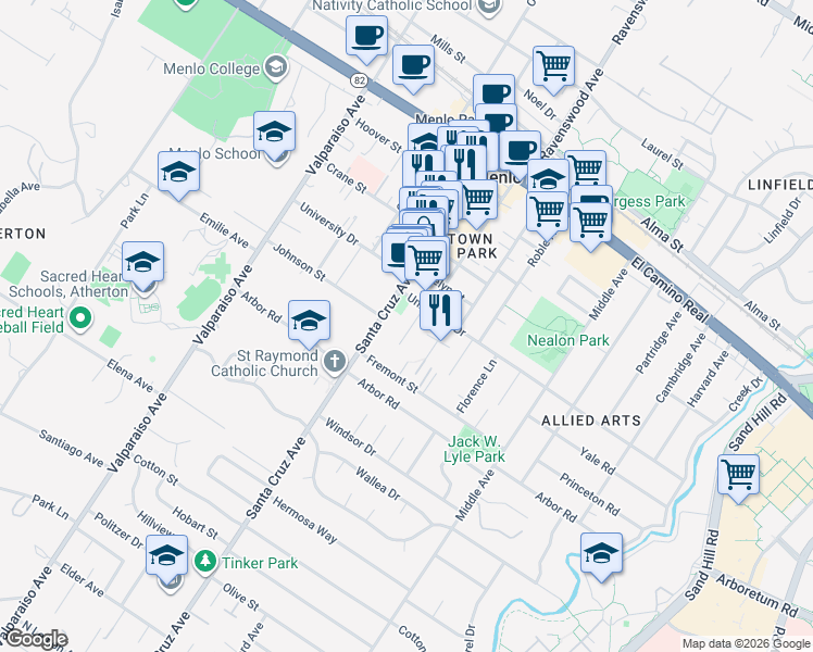 map of restaurants, bars, coffee shops, grocery stores, and more near 1010 University Drive in Menlo Park