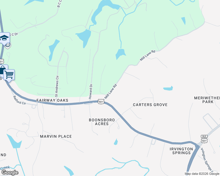 map of restaurants, bars, coffee shops, grocery stores, and more near 109 Mill Woods Road North in Lynchburg