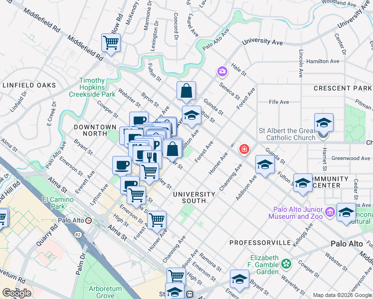 map of restaurants, bars, coffee shops, grocery stores, and more near 550 Hamilton Avenue in Palo Alto