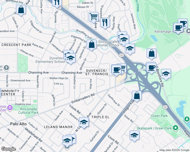 map of restaurants, bars, coffee shops, grocery stores, and more near in Palo Alto