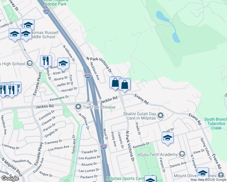 map of restaurants, bars, coffee shops, grocery stores, and more near 1181 Fox Hollow Court in Milpitas