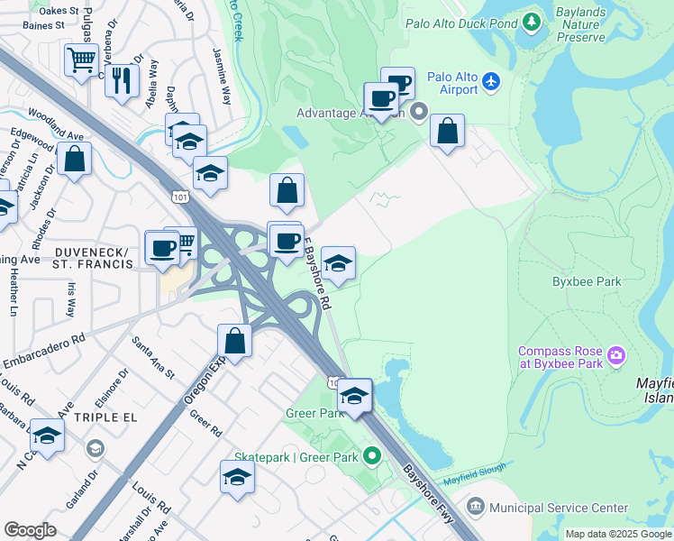 map of restaurants, bars, coffee shops, grocery stores, and more near 2465 East Bayshore Road in Palo Alto