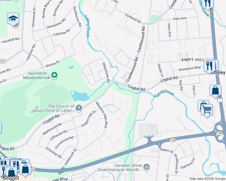 map of restaurants, bars, coffee shops, grocery stores, and more near 3101 Rolling Oaks Court in Richmond