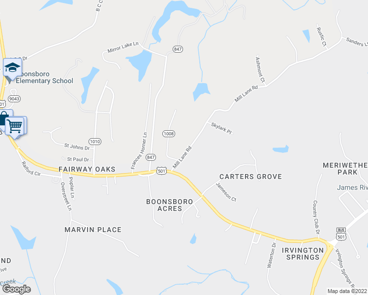 map of restaurants, bars, coffee shops, grocery stores, and more near 121 Mill Lane Road in Lynchburg