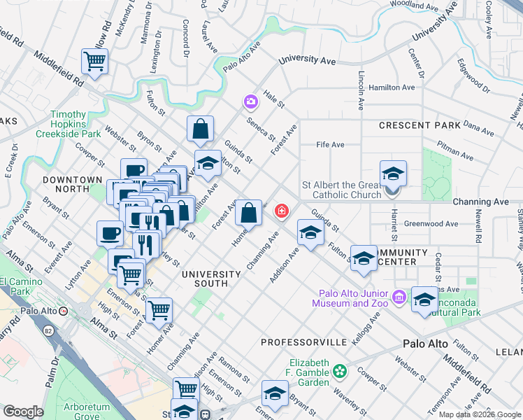 map of restaurants, bars, coffee shops, grocery stores, and more near Middlefield Rd & Homer Ave in Palo Alto