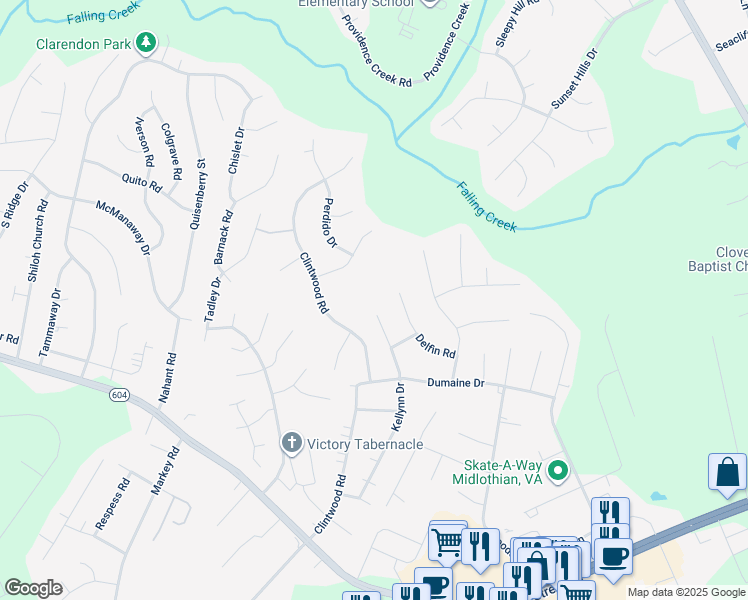 map of restaurants, bars, coffee shops, grocery stores, and more near 2901 Kellynn Drive in Midlothian