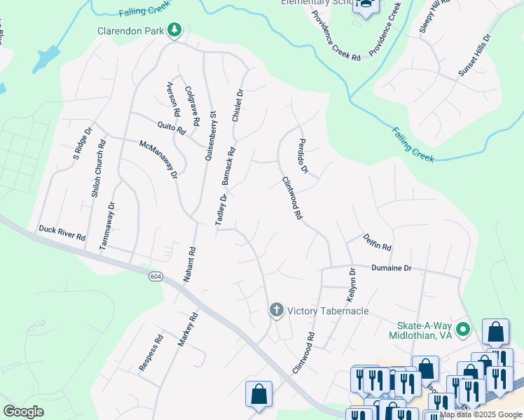 map of restaurants, bars, coffee shops, grocery stores, and more near 11808 Rimswell Turn in Midlothian