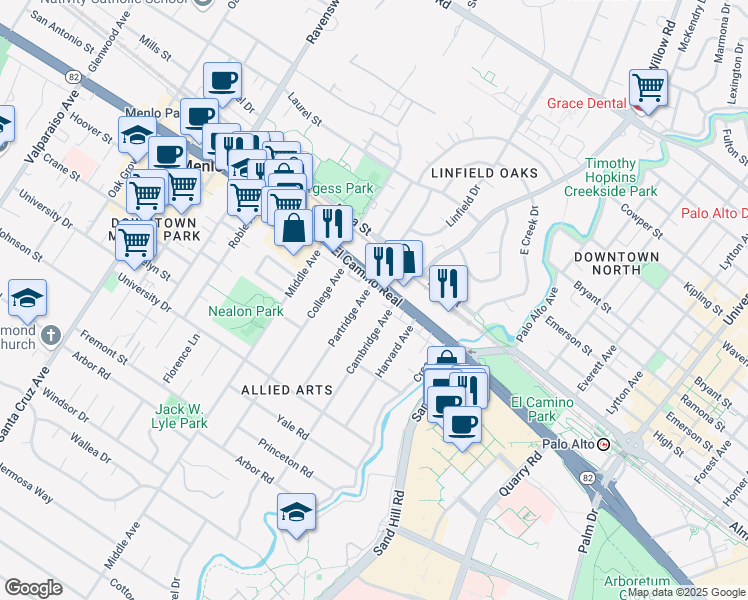 map of restaurants, bars, coffee shops, grocery stores, and more near 275 El Camino Real in Menlo Park