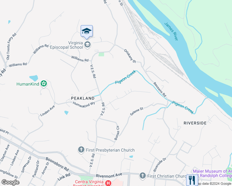 map of restaurants, bars, coffee shops, grocery stores, and more near 782 Buckner Drive in Lynchburg