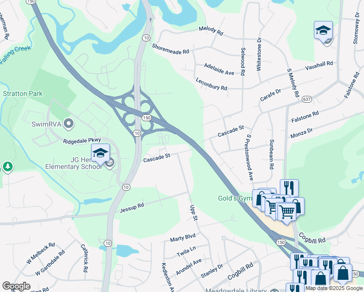 map of restaurants, bars, coffee shops, grocery stores, and more near 4748 Cascade Street in Richmond