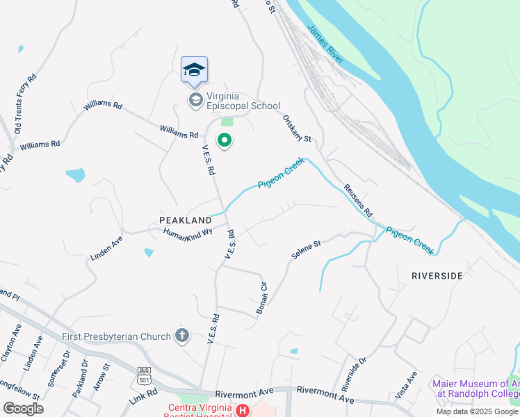 map of restaurants, bars, coffee shops, grocery stores, and more near 782 Buckner Drive in Lynchburg