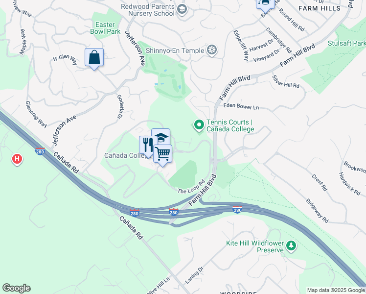map of restaurants, bars, coffee shops, grocery stores, and more near 2 Olive Court in Woodside