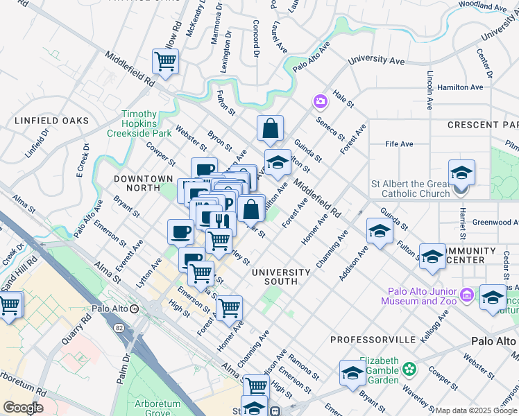 map of restaurants, bars, coffee shops, grocery stores, and more near 605 Hamilton Avenue in Menlo Park