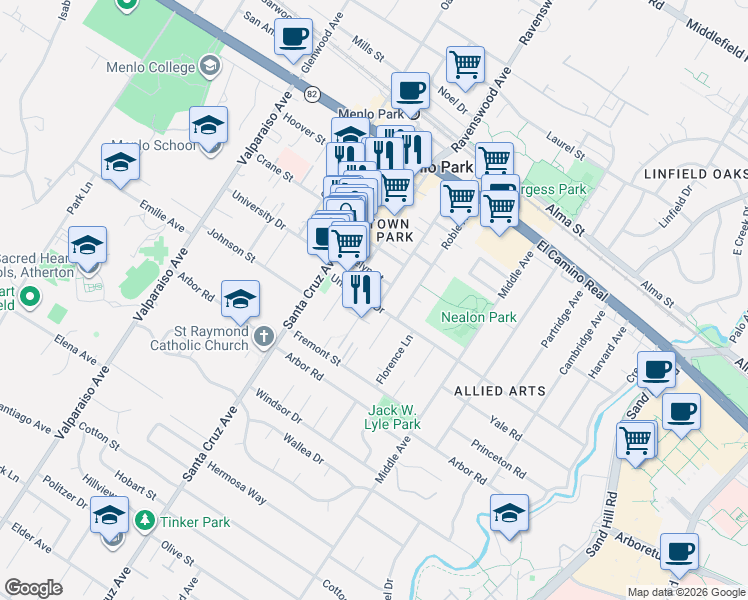 map of restaurants, bars, coffee shops, grocery stores, and more near in Menlo Park