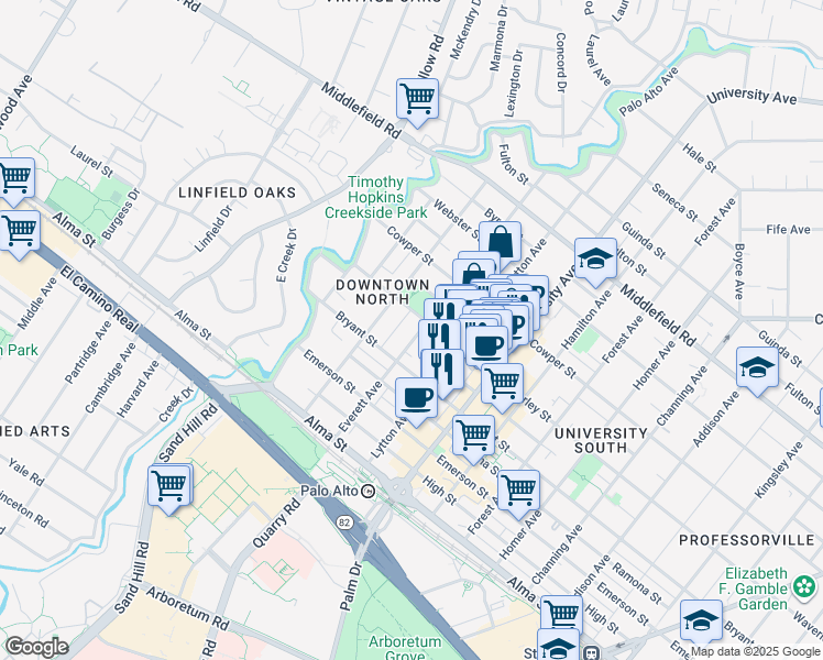 map of restaurants, bars, coffee shops, grocery stores, and more near 347 Everett Avenue in Palo Alto