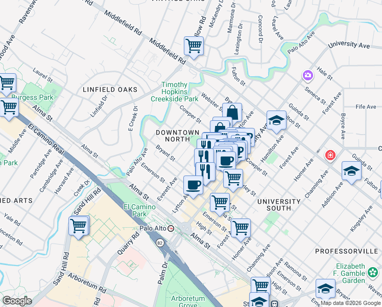 map of restaurants, bars, coffee shops, grocery stores, and more near 347 Everett Avenue in Palo Alto
