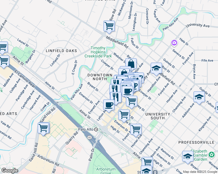 map of restaurants, bars, coffee shops, grocery stores, and more near 363 Everett Avenue in Palo Alto