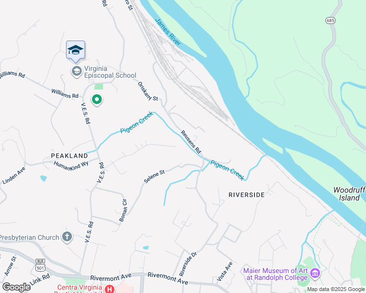 map of restaurants, bars, coffee shops, grocery stores, and more near 501 Buckner Drive in Lynchburg