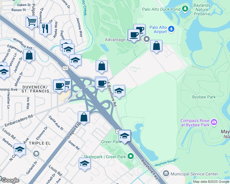 map of restaurants, bars, coffee shops, grocery stores, and more near 2465 East Bayshore Road in Palo Alto