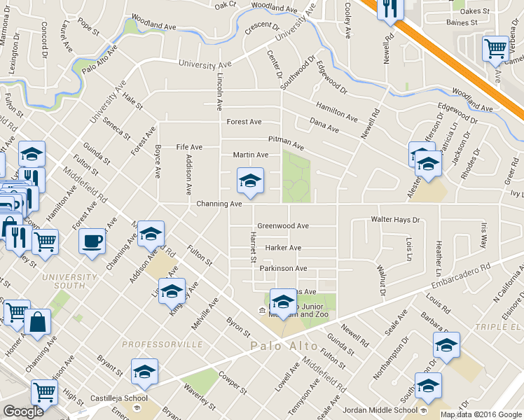 map of restaurants, bars, coffee shops, grocery stores, and more near 1095 Channing Avenue in Palo Alto