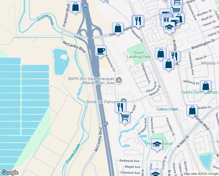 map of restaurants, bars, coffee shops, grocery stores, and more near 1361 Lilac Way in Milpitas