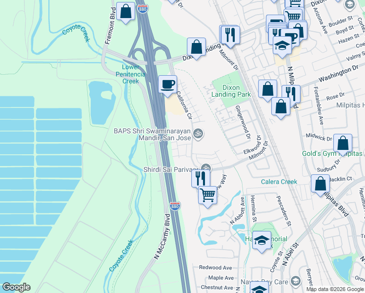 map of restaurants, bars, coffee shops, grocery stores, and more near 1363 Lilac Way in Milpitas