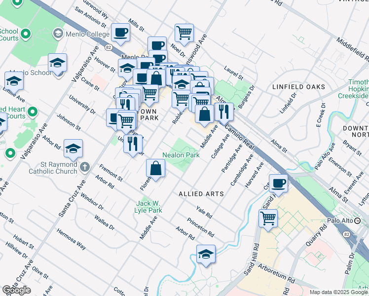 map of restaurants, bars, coffee shops, grocery stores, and more near in Menlo Park
