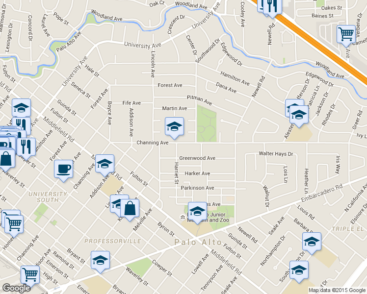 map of restaurants, bars, coffee shops, grocery stores, and more near 1095 Channing Avenue in Palo Alto